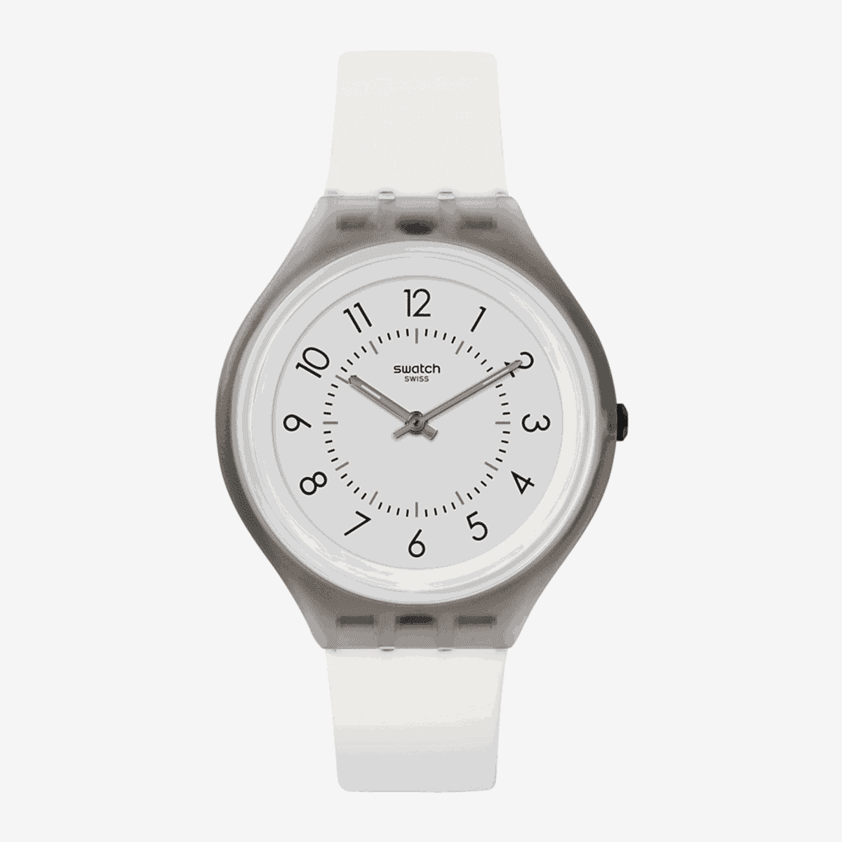 Vista frontal del Reloj Swatch Skinclass con esfera blanca y caja gris transparente - SVUM101