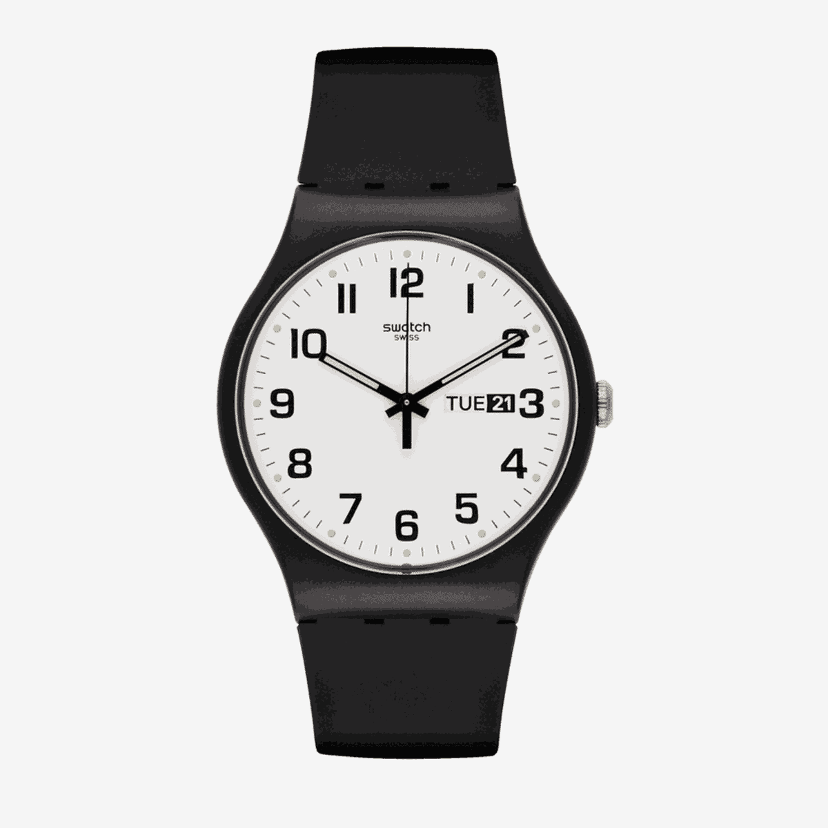 Vista frontal del Reloj Swatch Twice Again con esfera blanca y correa negra - SO29B703