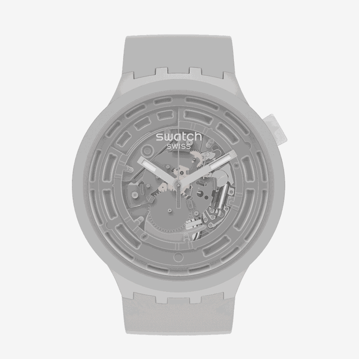 Vista frontal del Reloj Swatch C-Grey con diseño mecánico visible - SB03M100