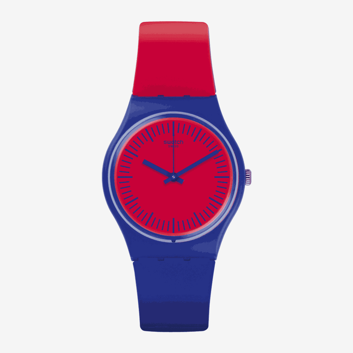 Vista frontal del Reloj Swatch Blue Loop con esfera roja y correa azul - GS148