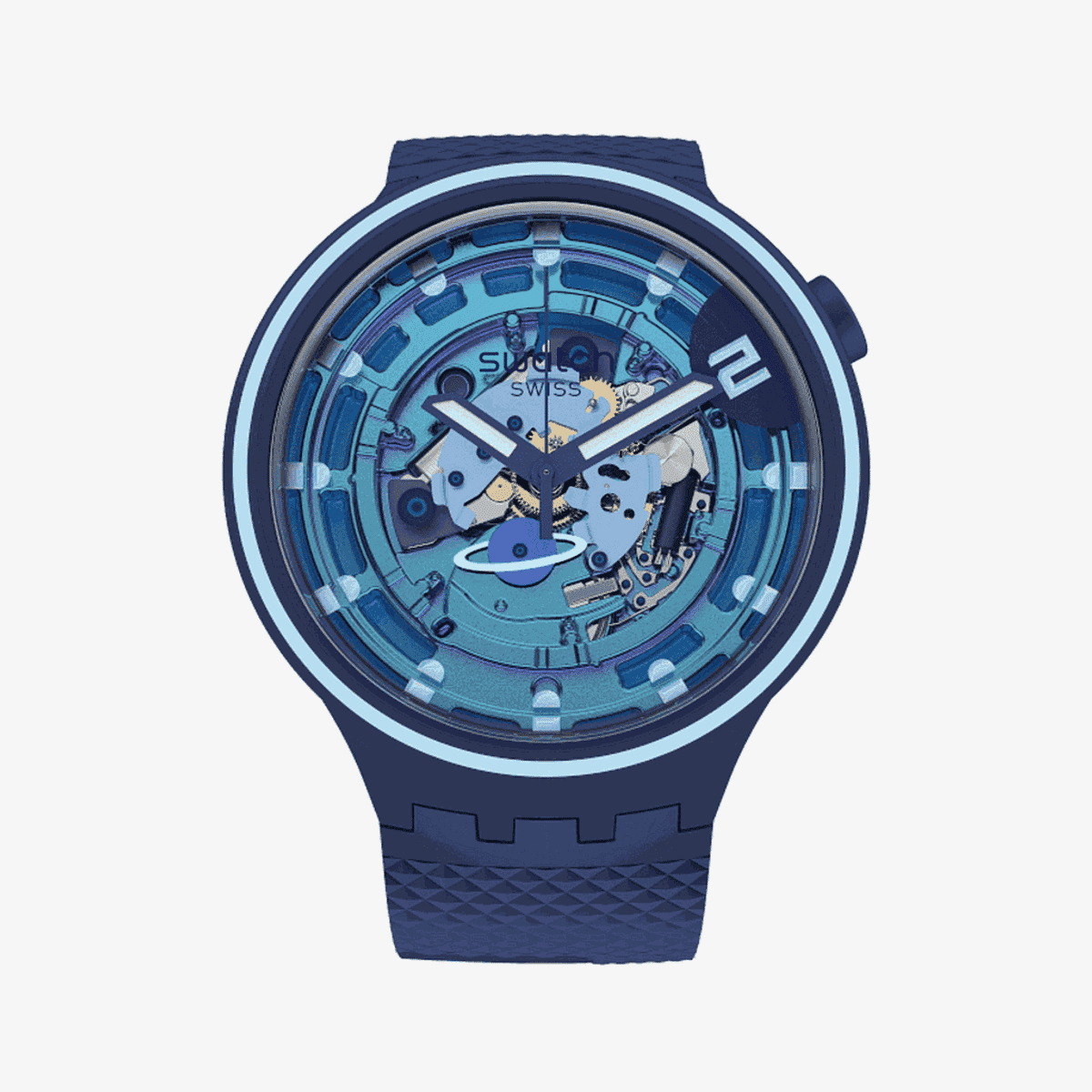 Vista frontal del Reloj Swatch Second Home con esfera azul turquesa - SB01N101