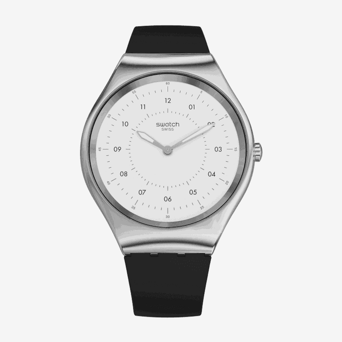 Vista frontal del Reloj Swatch Skinnoiriron con esfera blanca, caja plateada y correa de silicona negra - SYXS100
