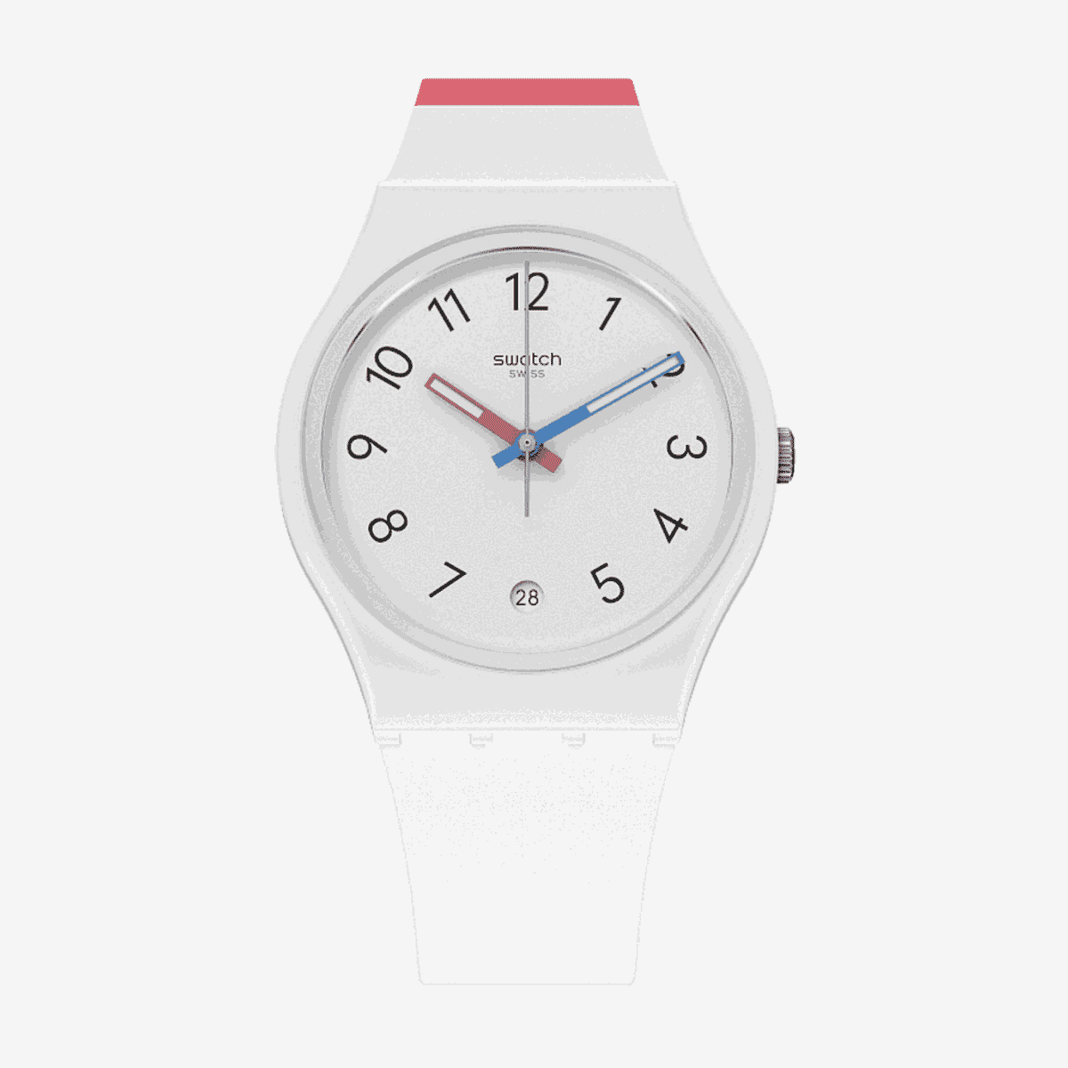 Vista frontal del Reloj Swatch Gent in the Block con esfera blanca y manecillas rojas y azules - SO28W400
