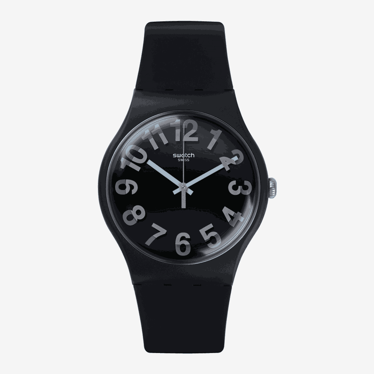 Vista frontal del Reloj Swatch Secret Numbers con esfera negra y números grandes - SUOB133