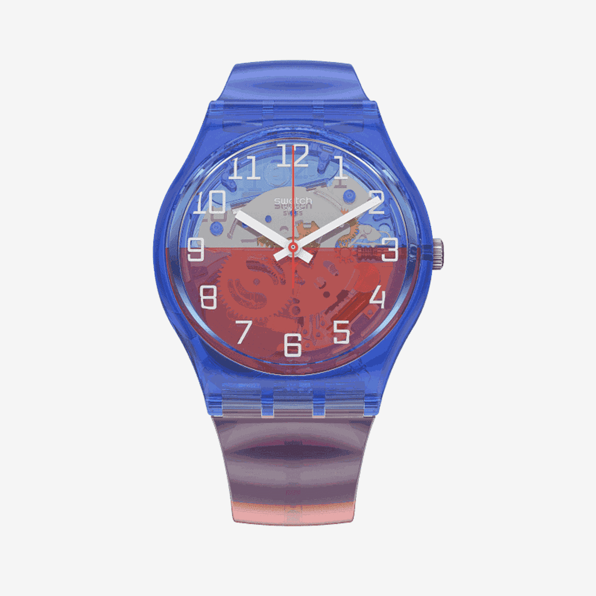 Vista frontal del Reloj Swatch Verre-Toi con caja azul transparente y diseño bicolor - GN275