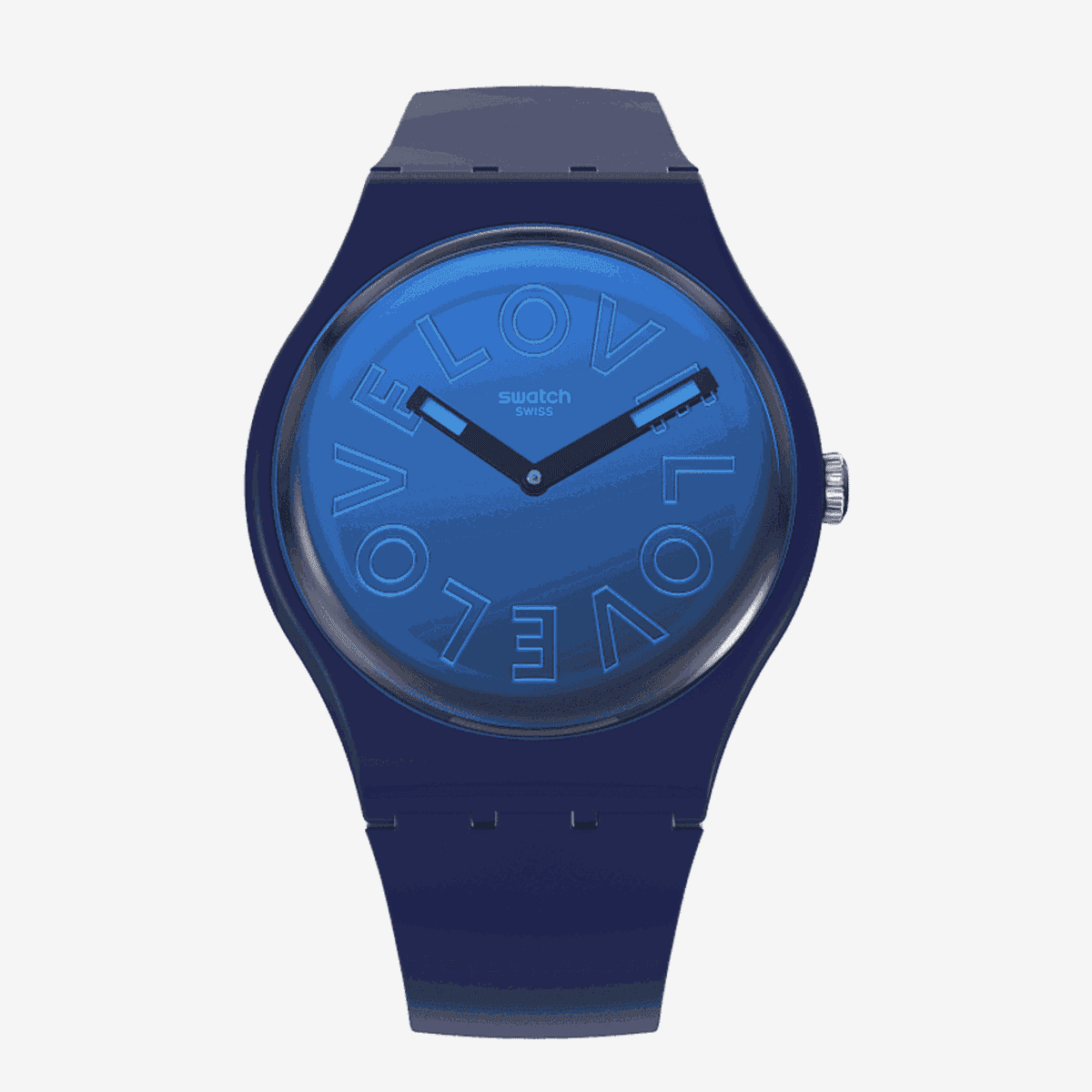 Vista frontal del Reloj Swatch Love to Go Around con esfera azul y letras en relieve - SO29N107
