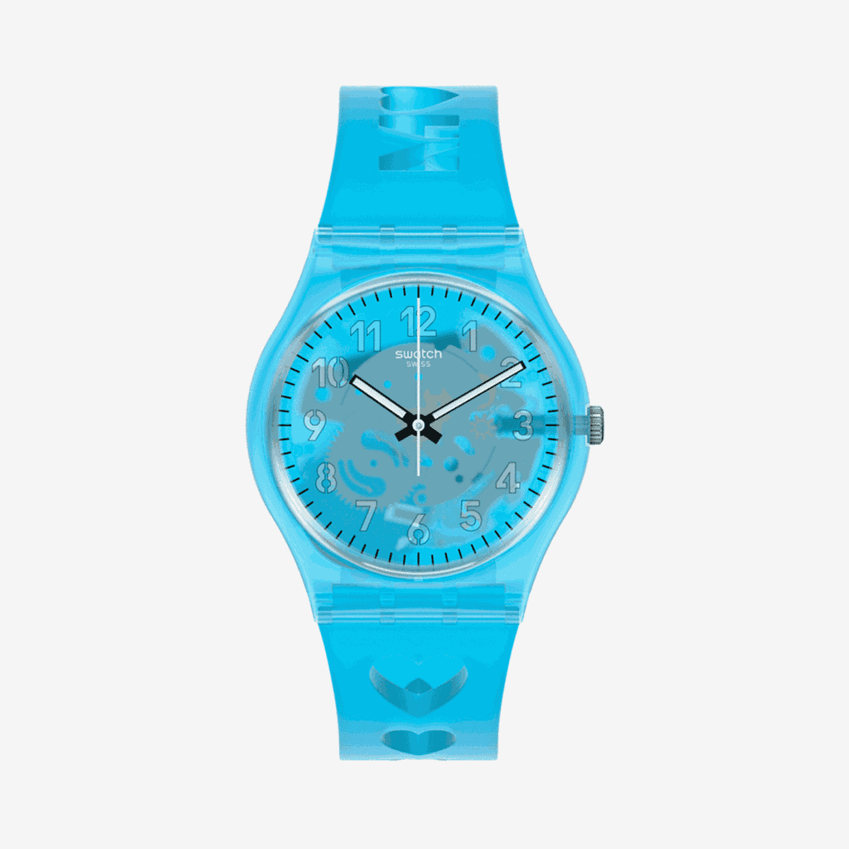 Vista frontal del Reloj Swatch Love From a to Z en azul turquesa con detalles decorativos - GZ353