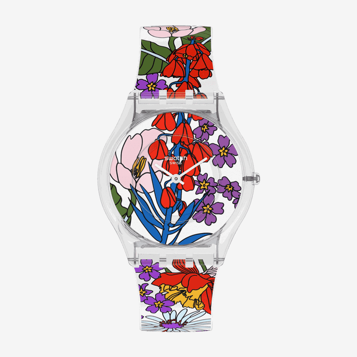 Vista frontal del Reloj Swatch Botanical Paradise con diseño floral multicolor - SS08K110