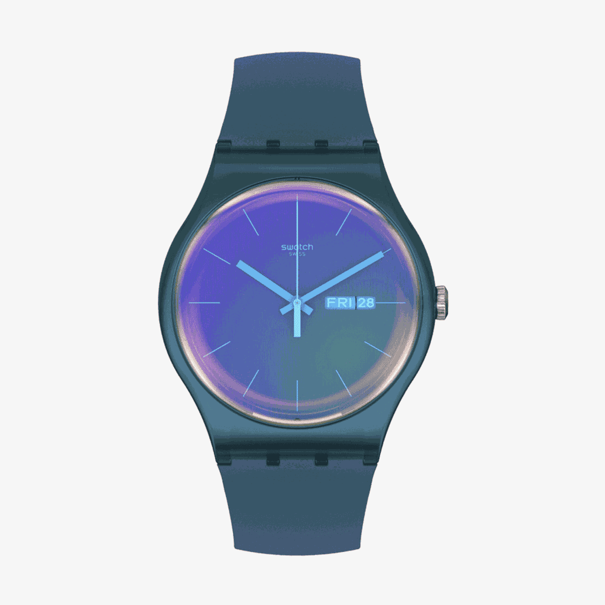 Vista frontal del Reloj Swatch Fade to Pink con efecto degradado púrpura - SO29N707