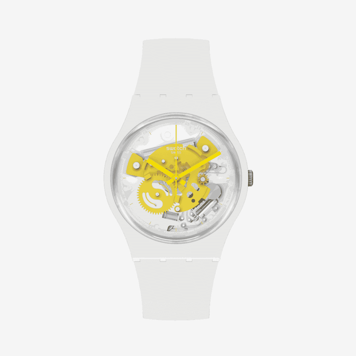 Reloj Swatch Time to Yellow Small con caja y correa blanca, mecanismo visible en amarillo - SO31W105