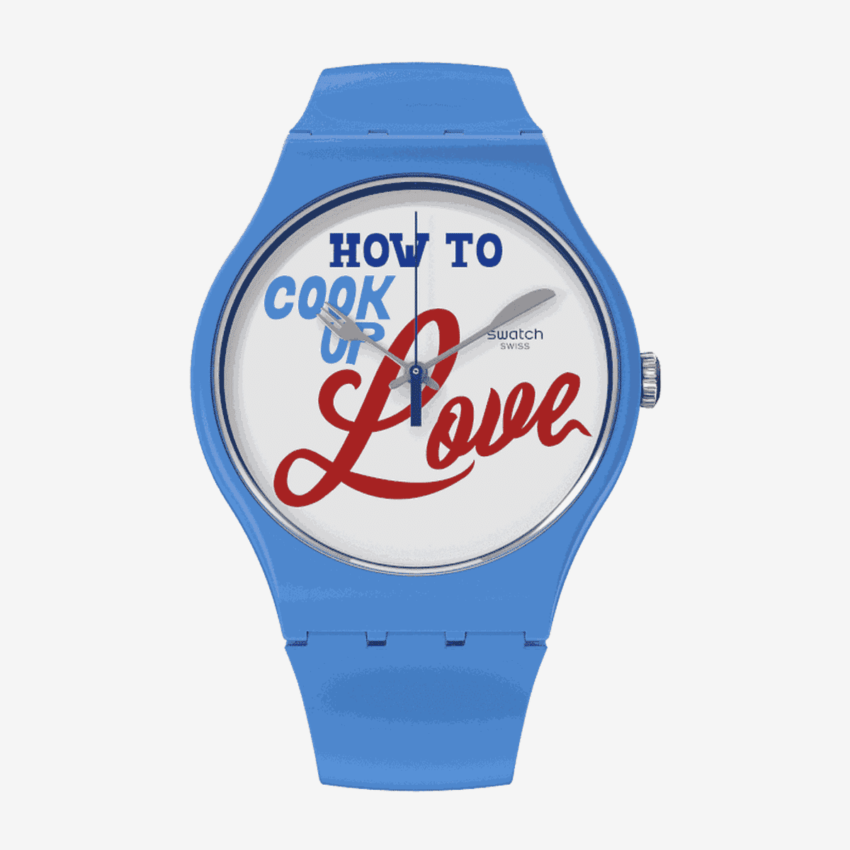 Reloj Swatch Recipe for Love con caja azul y esfera blanca con letras rojas y azules - SUOZ353
