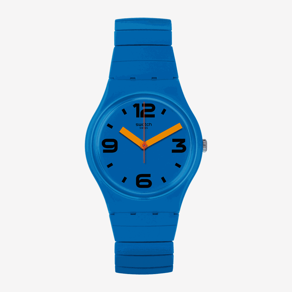 Reloj Swatch Pepeblu con caja y correa azul, manecillas naranjas - GN251