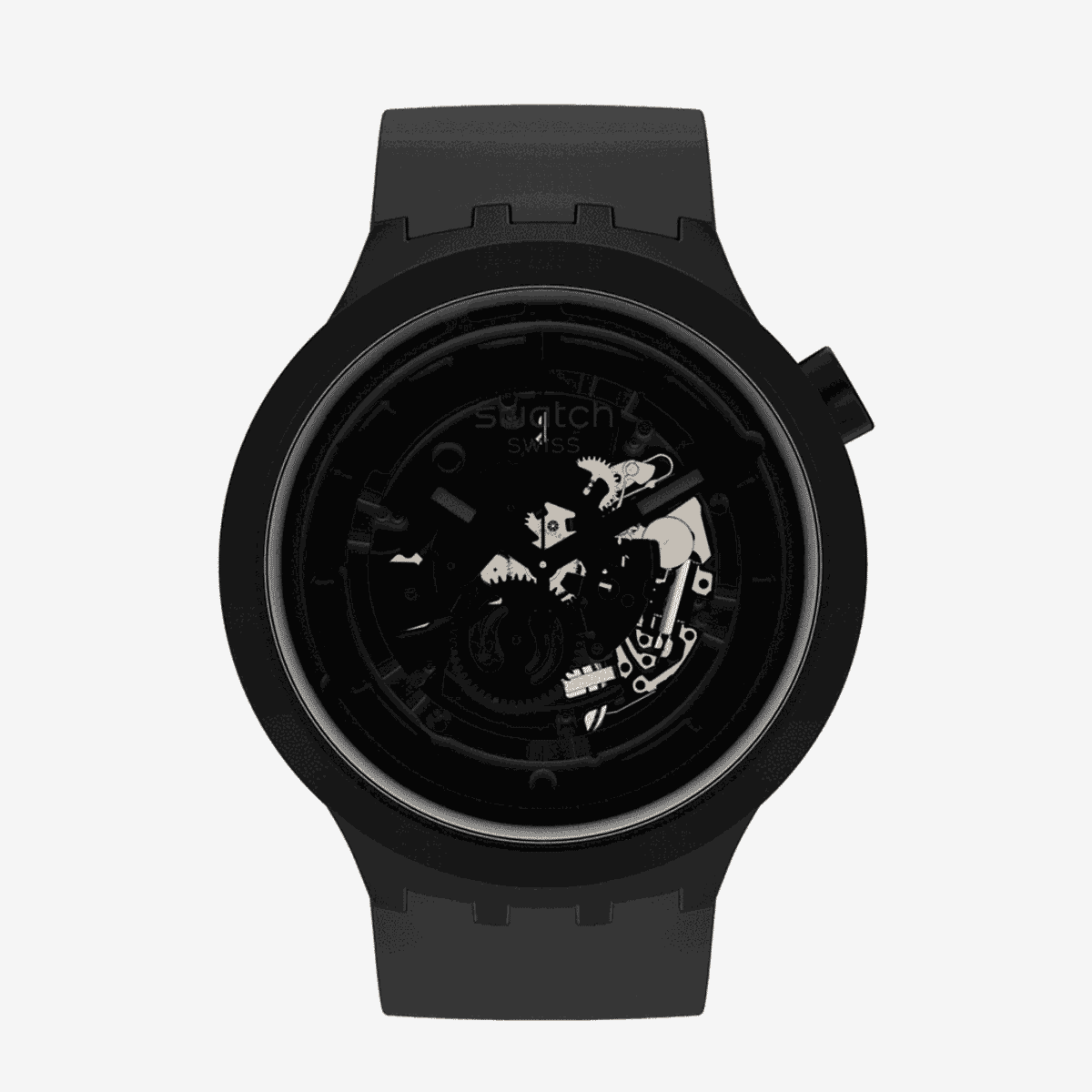 Reloj Swatch C-Black con esfera esqueleto negra y detalles dorados y plateados - SB03B100