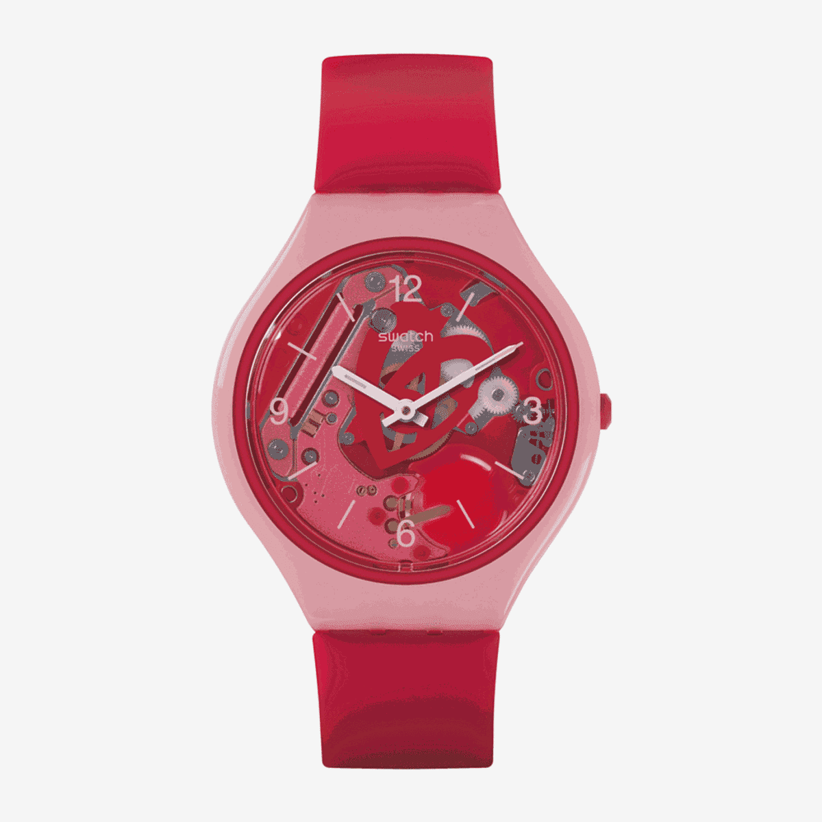 Reloj Swatch Skinamour con esfera esqueleto roja y caja rosa - SVOP100