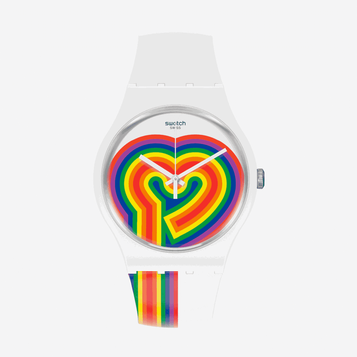 Reloj Swatch Beating Love con caja blanca, esfera con diseño de corazón multicolor y correa blanca con detalles arcoíris - SUOW171