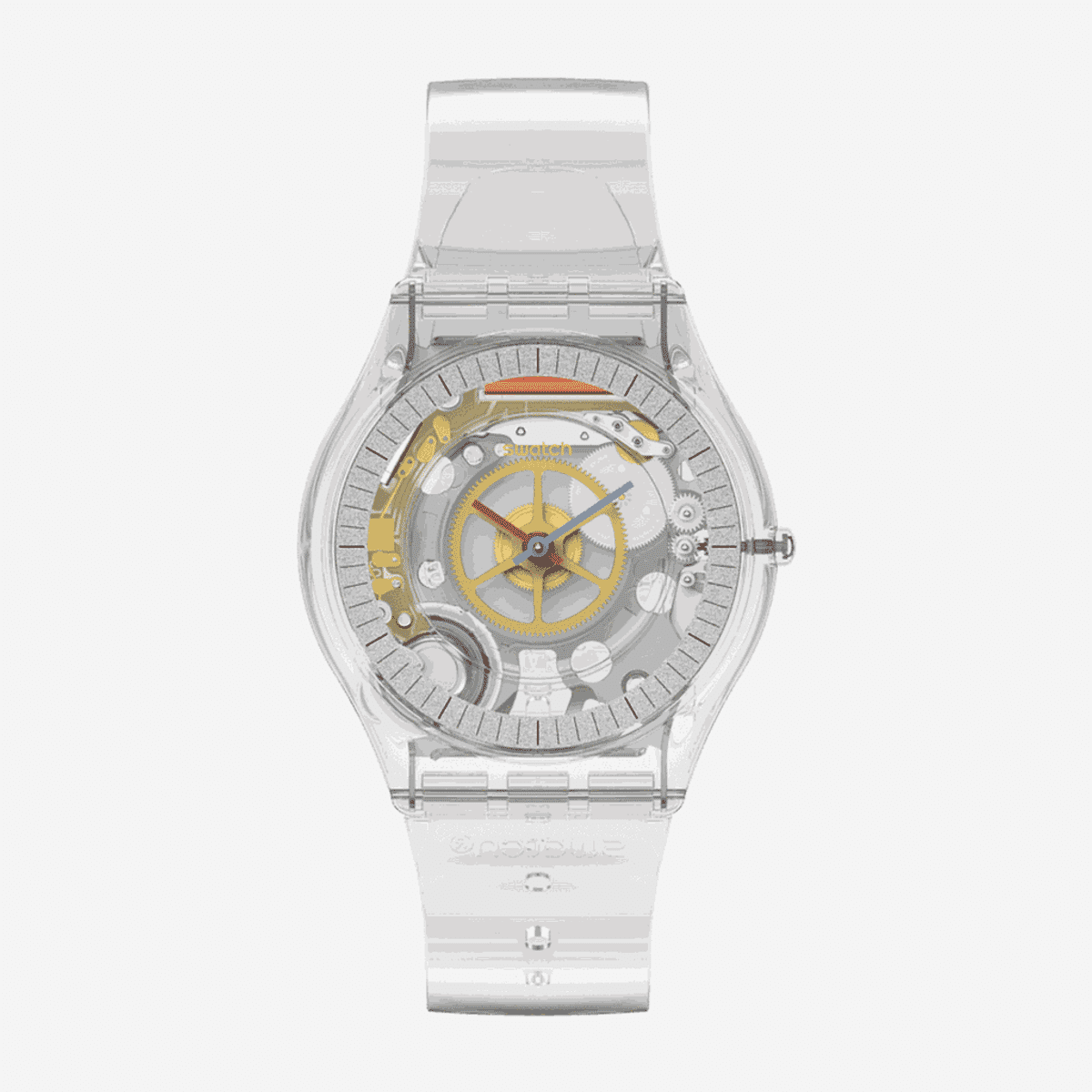 Reloj Swatch Clearly Skin con caja transparente, mecanismo visible y correa blanca - SS08K109