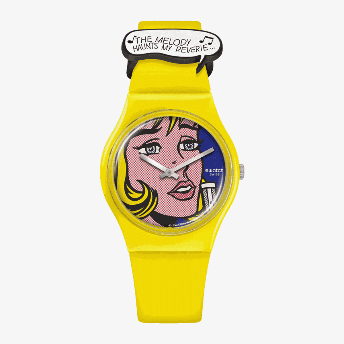 Reloj Swatch Reverie por Roy Lichtenstein con caja amarilla y diseño pop art - SO28Z117
