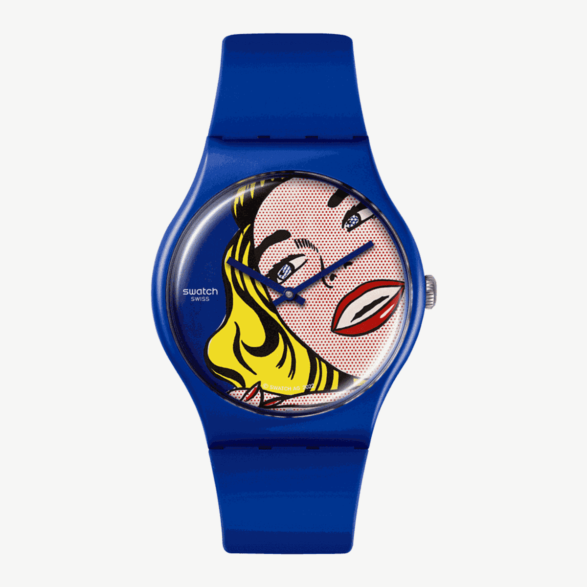 Reloj Swatch Girl de Roy Lichtenstein con caja y correa azul, esfera con diseño pop art en tonos rosa y amarillo - SUOZ352