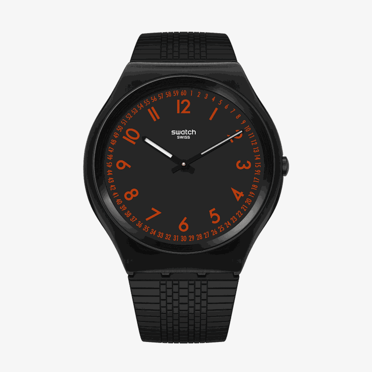 Reloj Swatch Brushed Red con caja y correa negras, números arábigos en naranja - SS07B106
