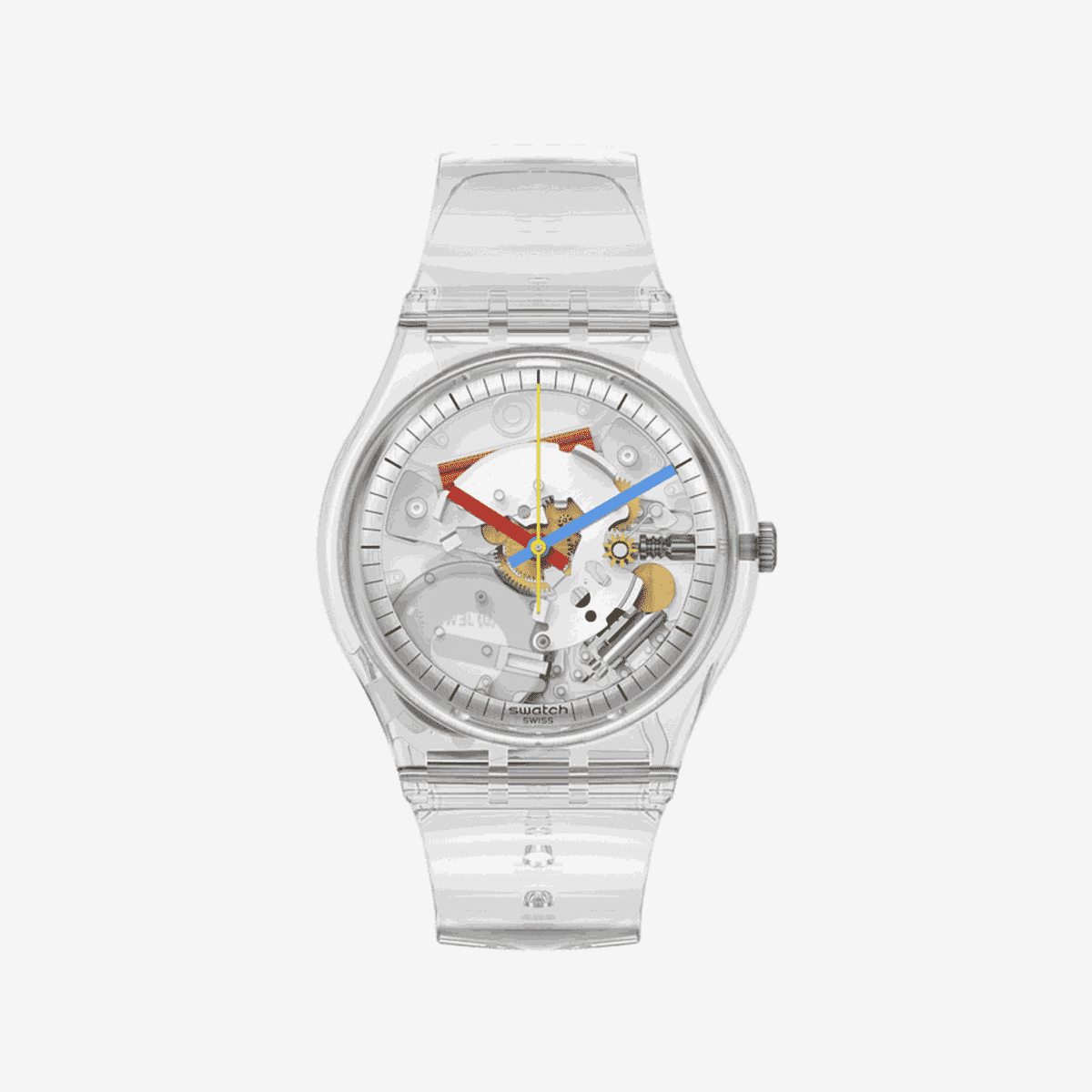 Reloj Swatch Clearly Gent con caja y correa transparentes, esfera esqueleto plateada - SO28K100-S06