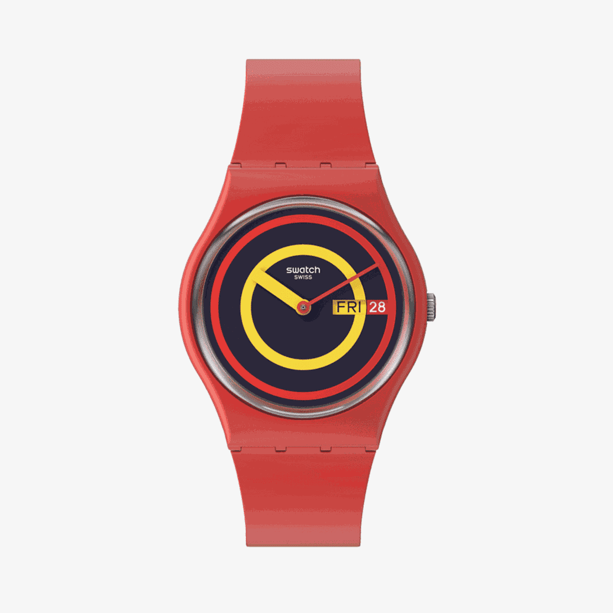 Reloj Swatch Concentric Red con caja y correa rojas, esfera con círculos concéntricos - SO28R702