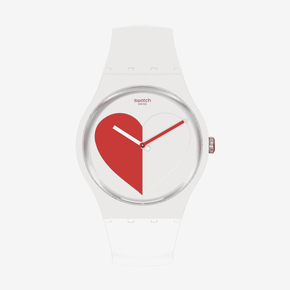 Reloj Swatch Half <3 Red con esfera blanca y roja en forma de medio corazón, caja y correa de silicona blanca - SO29Z113