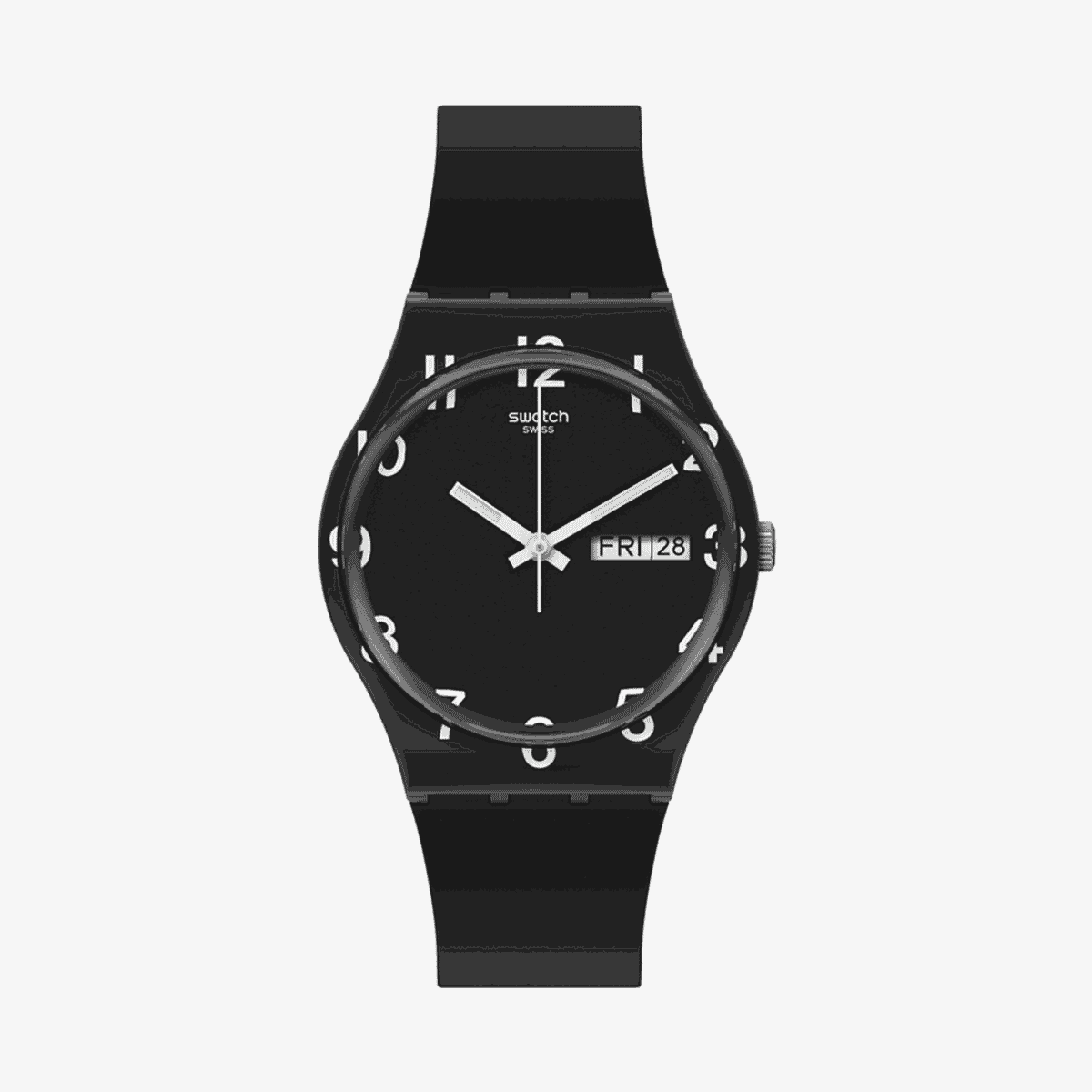 Vista frontal del Reloj Swatch Over Black con caja y correa negras - GB757