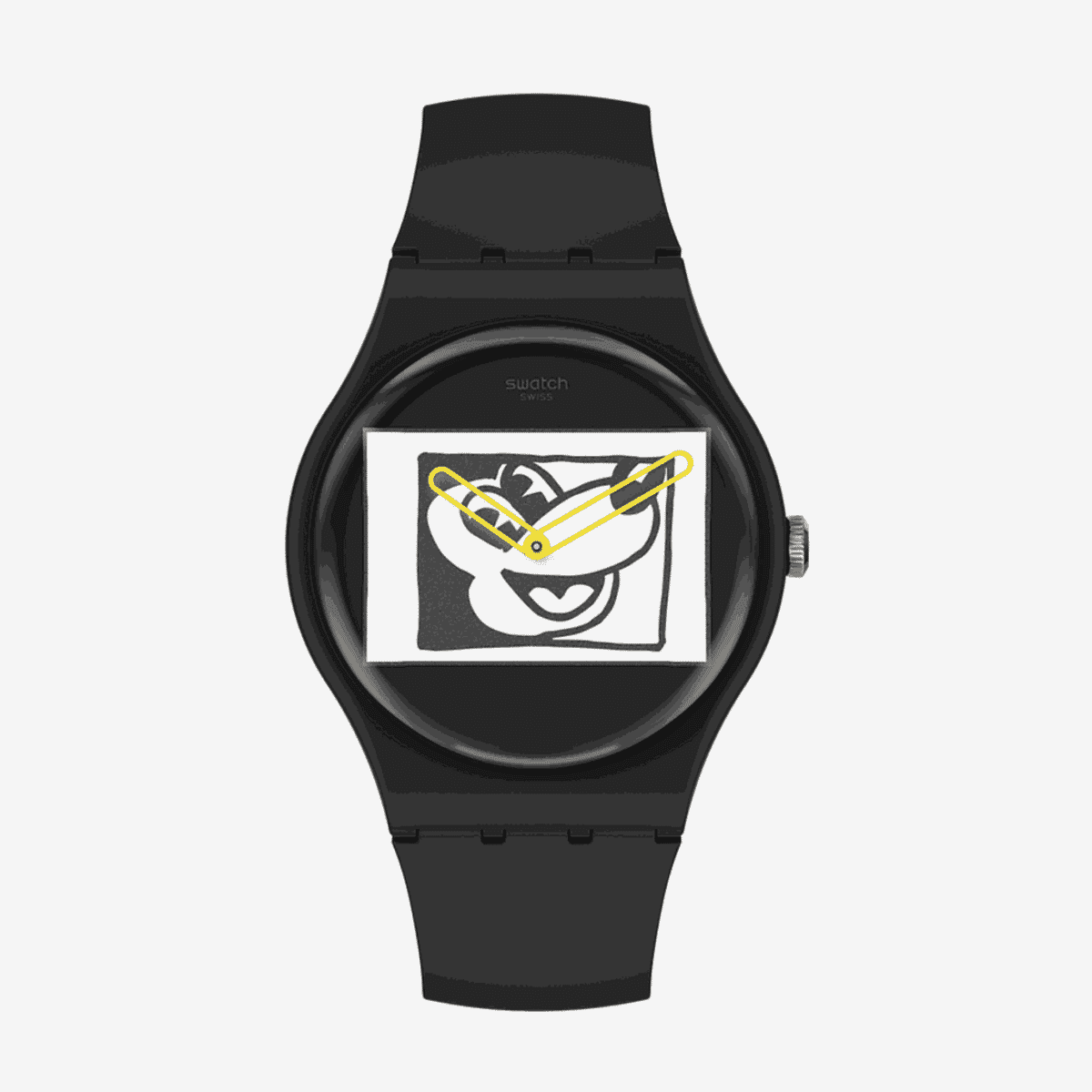 Vista frontal del Reloj Swatch Mickey Blanc Sur Noir con caja y correa negras - SUOZ337
