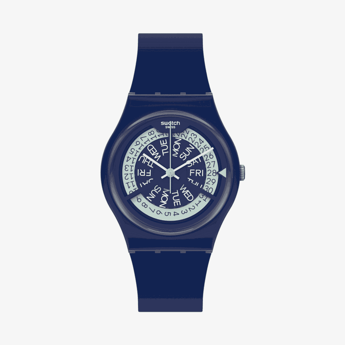 Vista frontal del Reloj Swatch N-Igma Navy con caja y correa azul marino - GN727