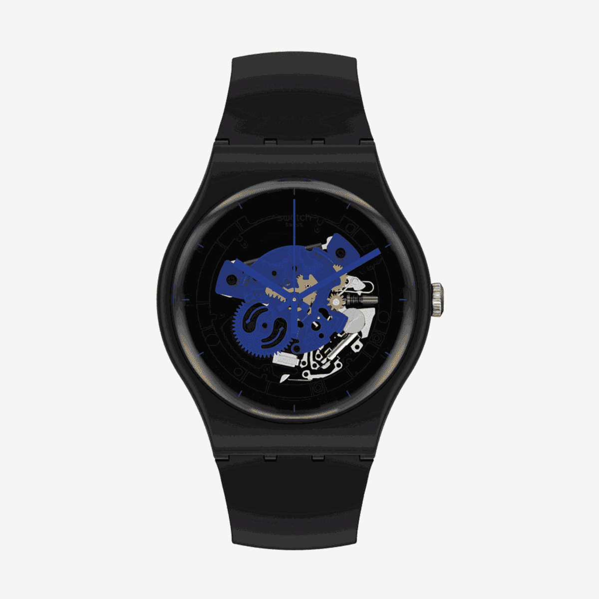 Reloj Swatch Time to Blue Big con caja y correa negra, esfera esqueleto con engranajes en azul - SO32B109