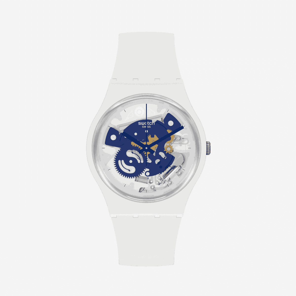 Reloj Swatch Time to Blue Small con caja y correa blanca, esfera esqueleto con engranajes azules - SO31W103