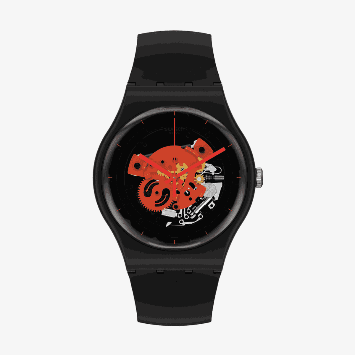 Reloj Swatch Time to Red Big con caja y correa negra, esfera esqueleto con engranajes rojos - SO32B110