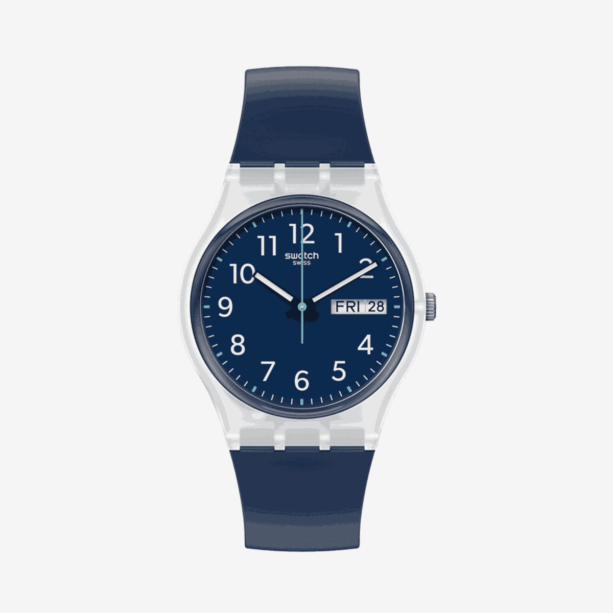 Reloj Swatch Rinse Repeat Navy con esfera azul marino, caja transparente y correa azul marino de silicona - GE725