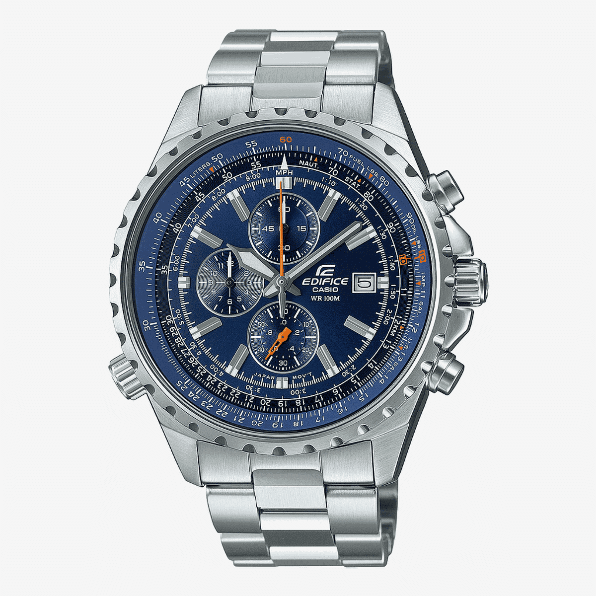 Reloj Casio Edifice cronógrafo con caja y brazalete de acero plateado, esfera azul y bisel decorativo - EF-527D-2AVUEF