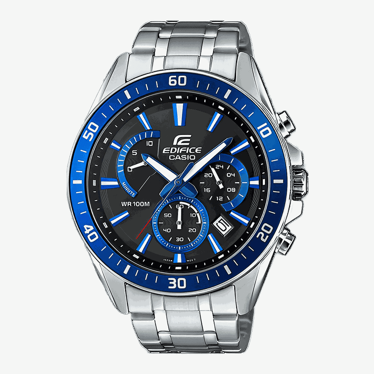 Reloj Casio Edifice cronógrafo con caja y brazalete de acero plateado, esfera bicolor y bisel azul - EFR-552D-1A2VUE