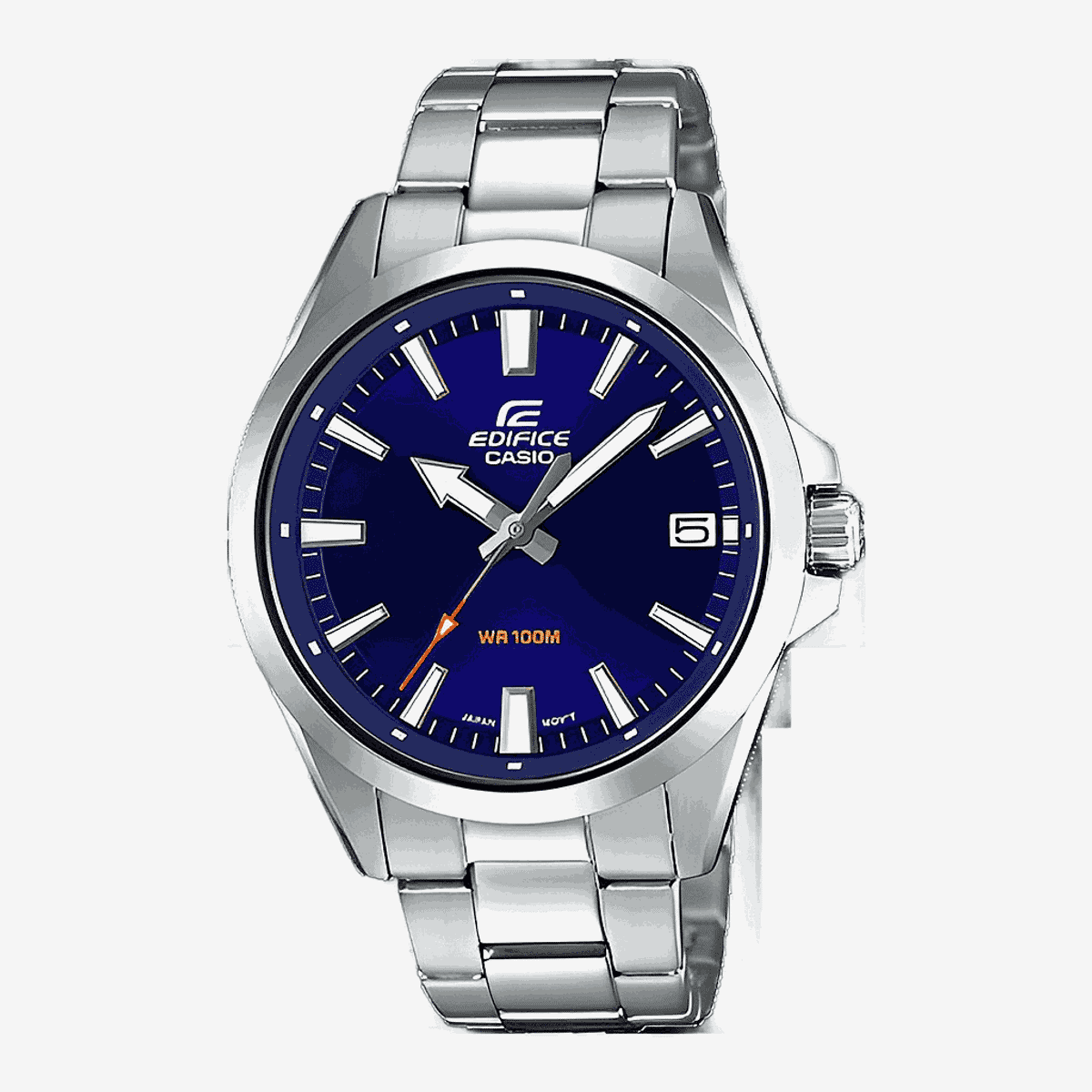 Reloj Casio Edifice con caja y brazalete de acero plateado, esfera azul con detalles naranja - EFV-100D-2AVUEF