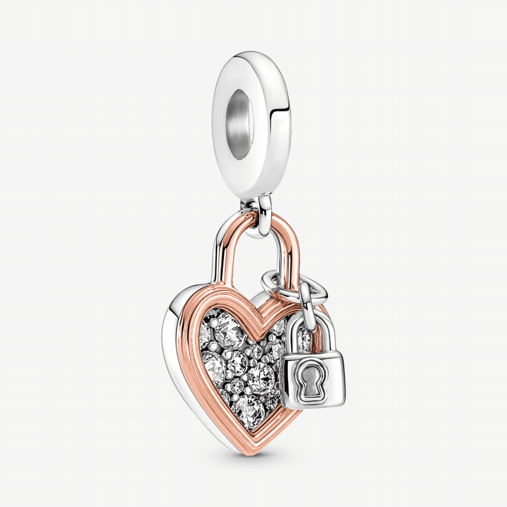 Charm colgante Pandora Doble Candado Corazón en plata con detalles en Pandora Rose y cristales - 780087C01