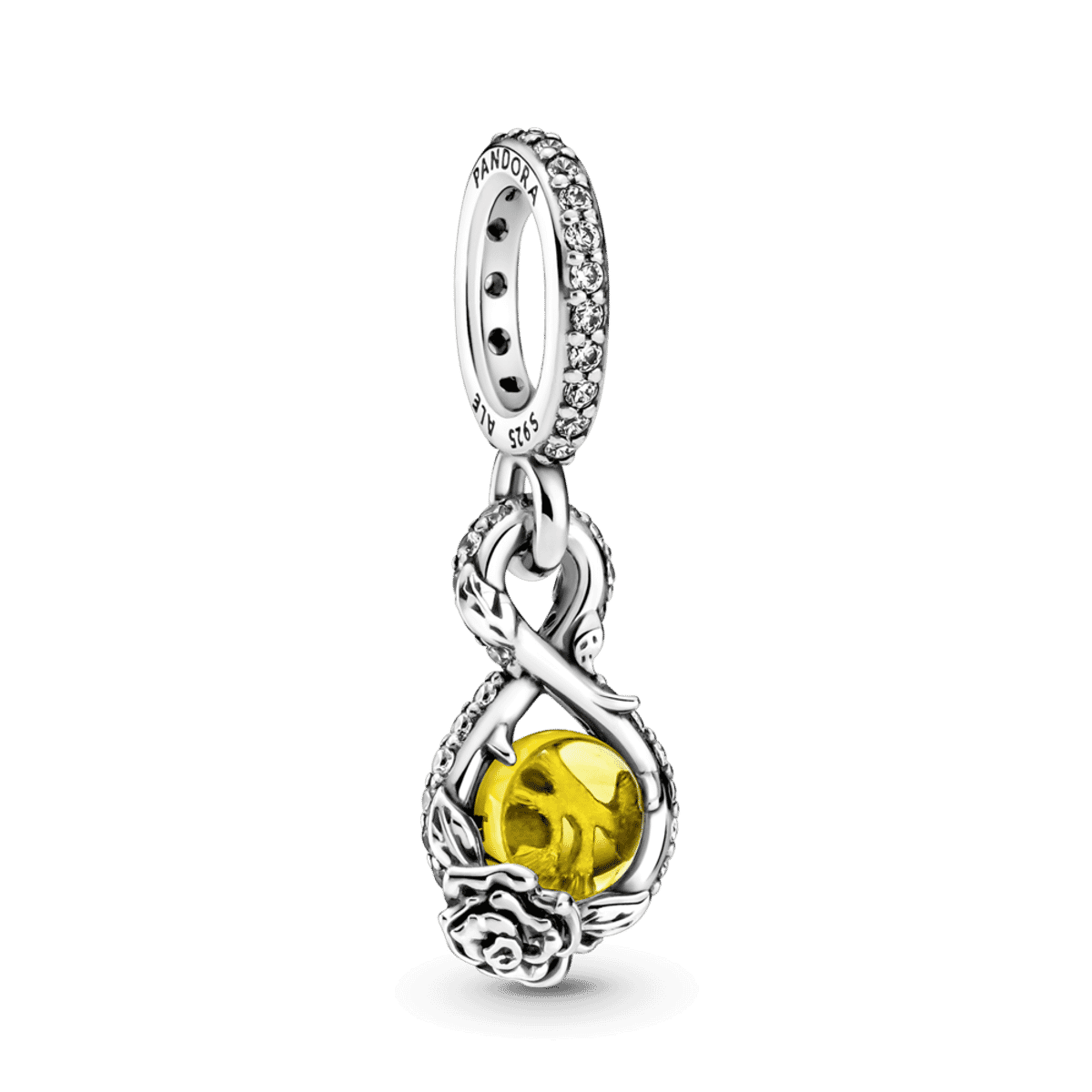 Charm colgante Pandora Infinito y Rosa de Bella de Disney en plata de ley con detalles dorados y rosa amarilla - 399525C01