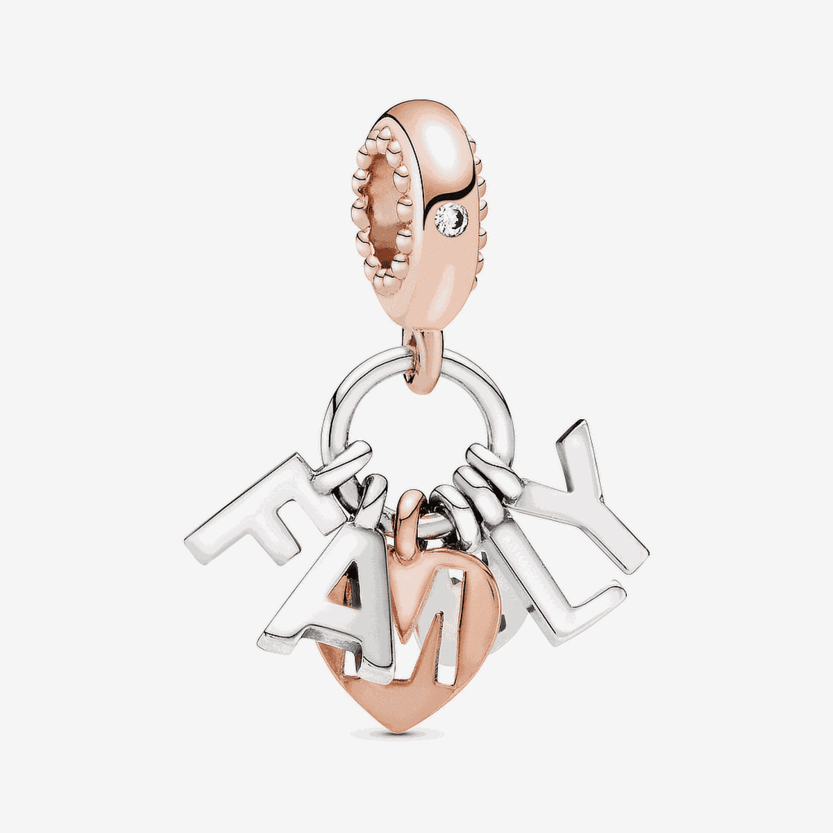 Charm colgante Pandora Letras Familiares en plata y oro rosa con letras en plata - 787785CZ