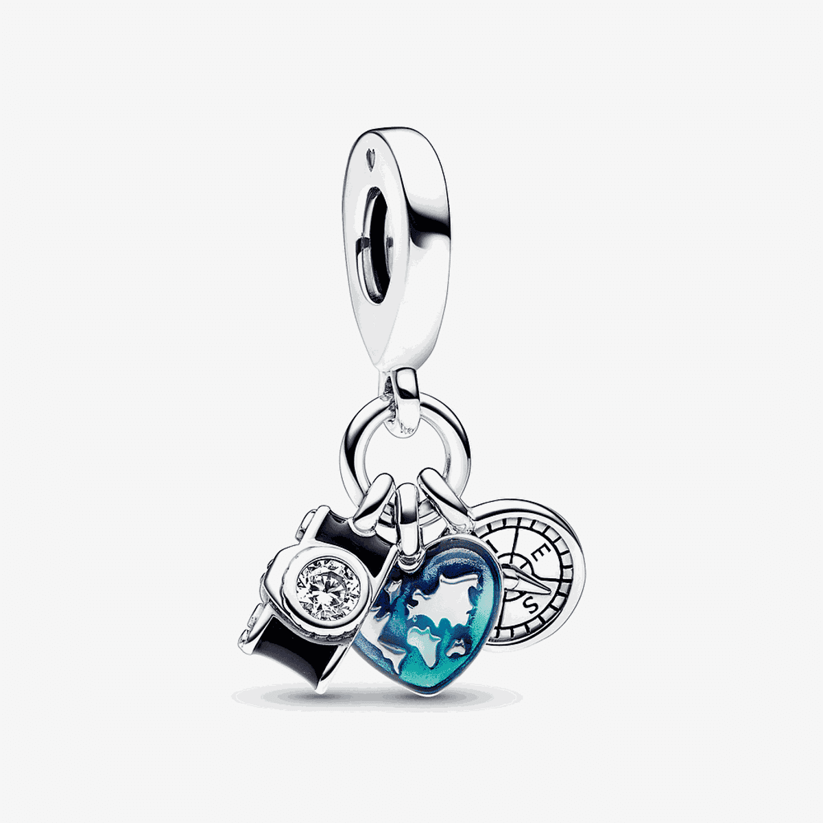 Charm colgante Pandora Triple con cámara, corazón azul y brújula en plata de ley - 792703C01