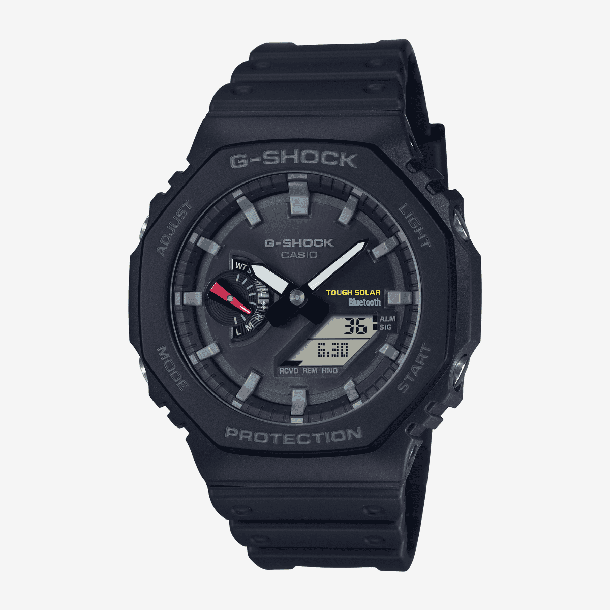 Vista frontal del Reloj Casio G-Shock Estándar GA-B2100-1AER con brazalete negro y esfera negra Vista frontal del Reloj Casio G-Shock Estándar GA-B2100-1AER con brazalete negro y esfera negra