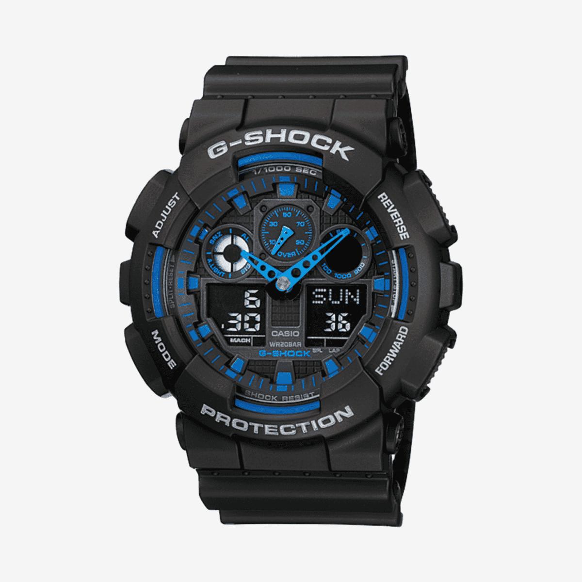 Vista frontal del Reloj Casio G-Shock Classic GA-100-1A2ER con brazalete negro y esfera negra Vista frontal del Reloj Casio G-Shock Classic GA-100-1A2ER con brazalete negro y esfera negra