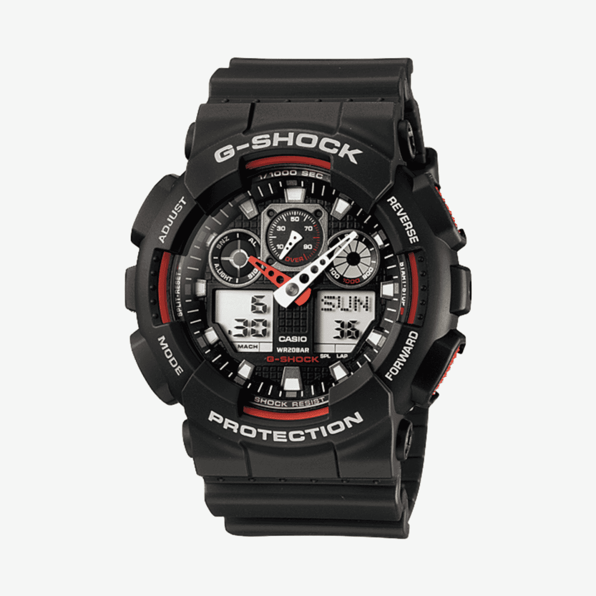 Vista frontal del Reloj Casio G-Shock Classic GA-100-1A4ER con brazalete negro y esfera negra