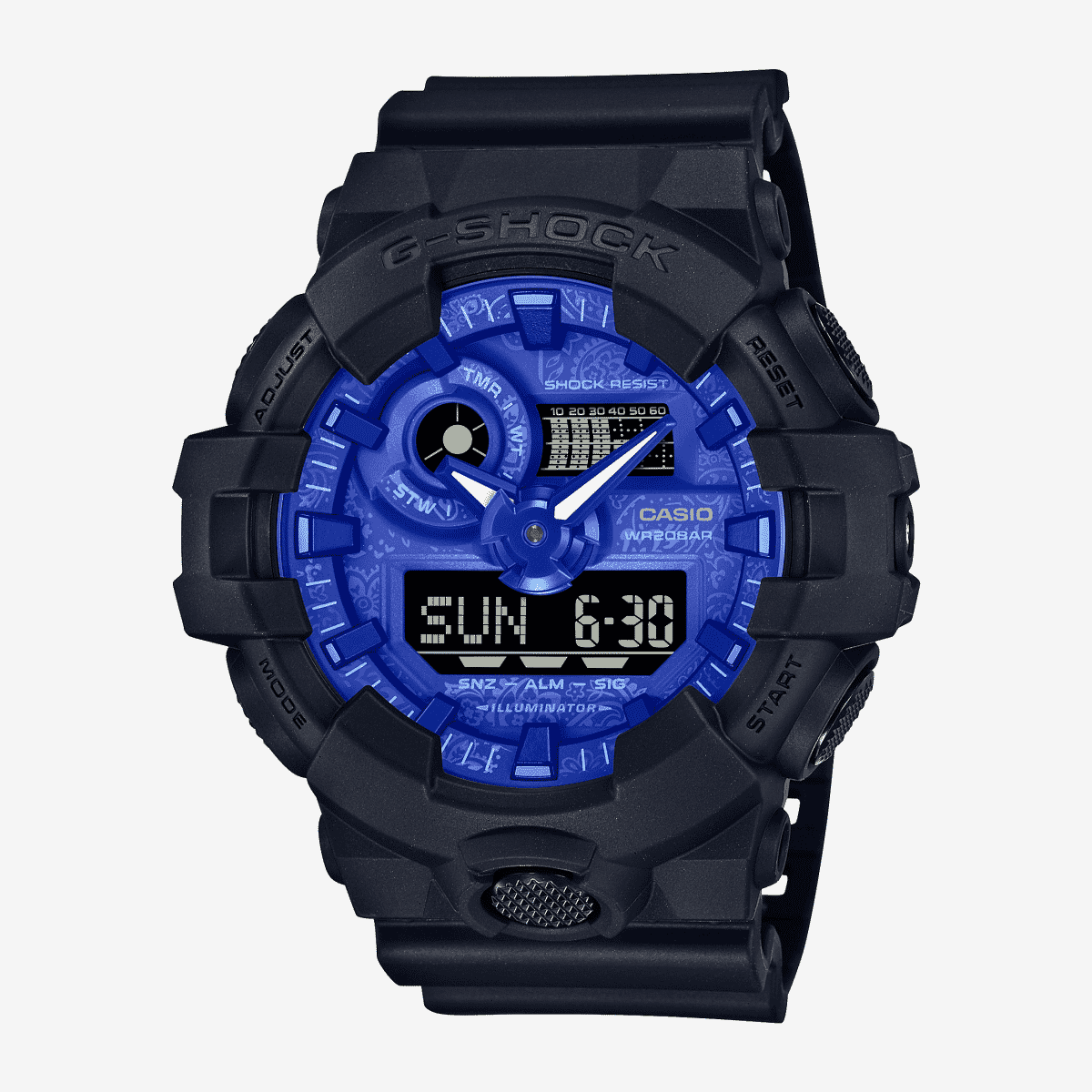 Vista frontal del Reloj Casio G-Shock Estándar GA-700BP-1AER con brazalete negro y esfera azul Vista frontal del Reloj Casio G-Shock Estándar GA-700BP-1AER con brazalete negro y esfera azul