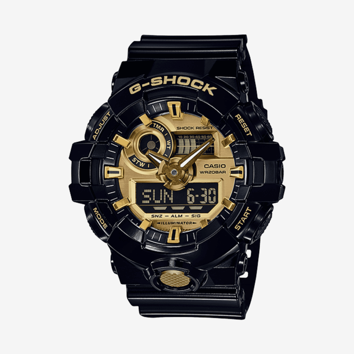 Vista frontal del Reloj Casio G-Shock Classic GA-710GB-1AER con brazalete negro y esfera dorada Vista frontal del Reloj Casio G-Shock Classic GA-710GB-1AER con brazalete negro y esfera dorada