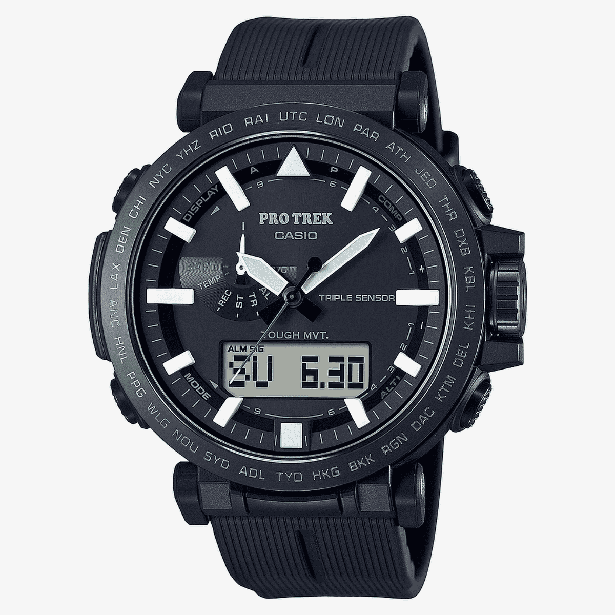 Reloj Casio PRO TREK con caja y correa de plástico negro, detalles en verde y pantalla digital-analógica - PRW-6621Y-1ER