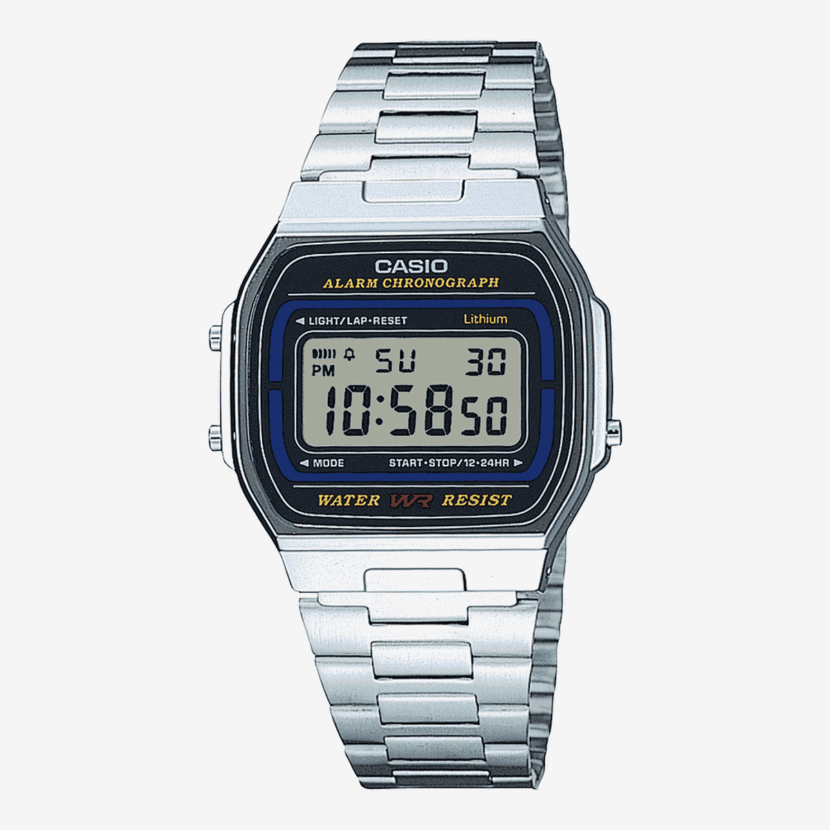 Reloj Casio Vintage Iconic Acero Plateado Esfera Negra Detalles Azules - A164WA-1VES