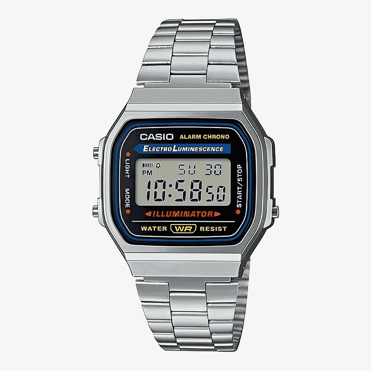 Reloj Casio Vintage Iconic Acero Plateado Caja Rectangular Esfera Multicolor - A168WA-1YES