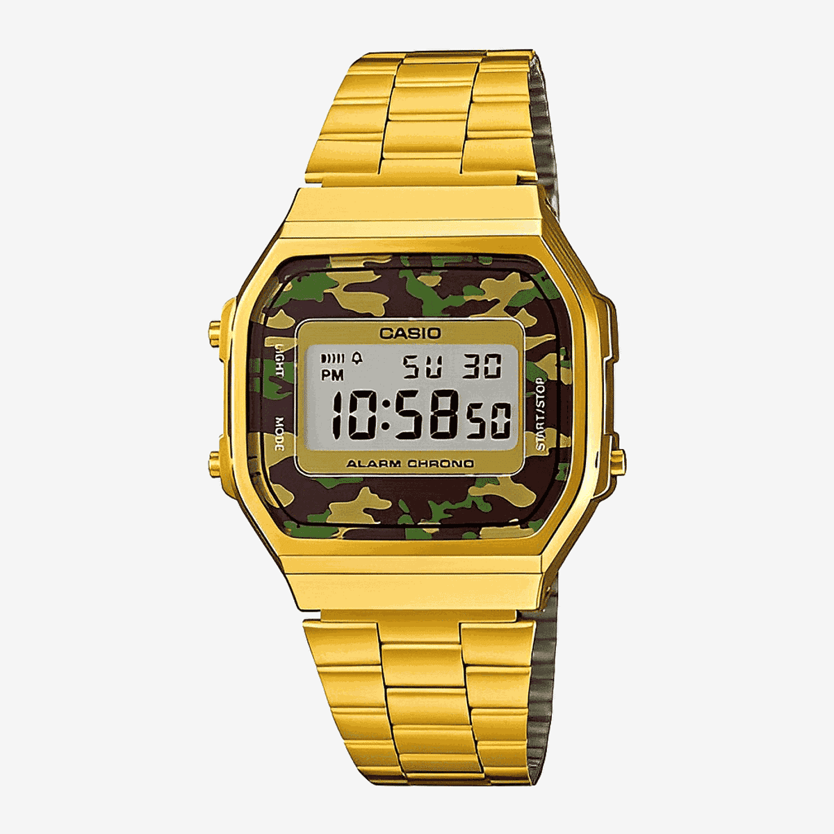 Reloj Casio Vintage Mini Acero Dorado Esfera Camuflaje - A168WEGC-3EF