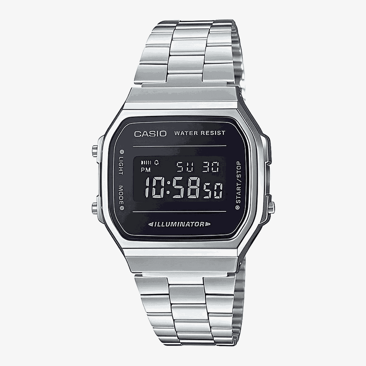 Reloj Casio Vintage Iconic Acero Plateado Esfera Negra Pantalla Negra - A168WEM-1EF